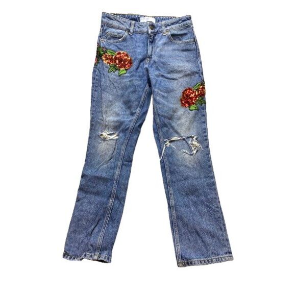 Zara Jeans Womens 02 (29x25.5) Blue Denim Sequin Rosette‎ Applique Destroyed - Picture 1 of 16